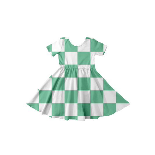 green checkered short sleeve twirl dress WITH biker shorts