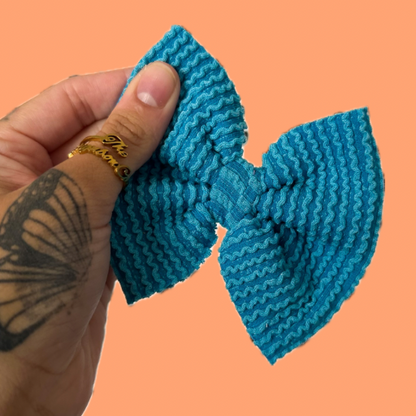 blue waved rib knit bows