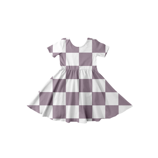 purple checkered short sleeve twirl dress WITH biker shorts