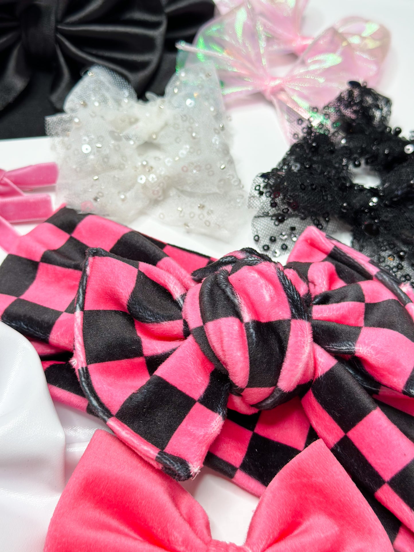 pink and black check velvet bows