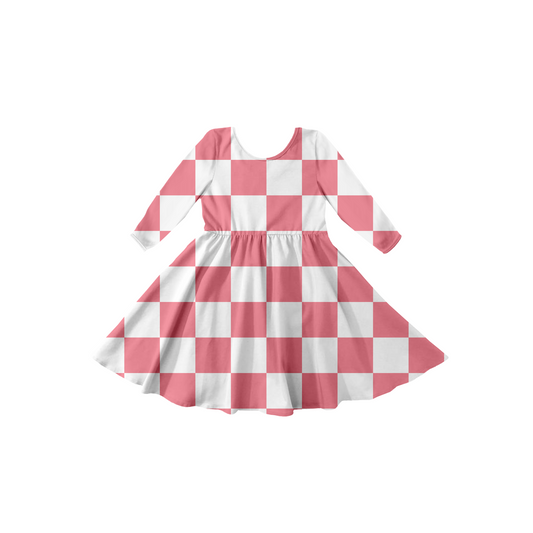 pink checkered long sleeve twirl dress WITH biker shorts