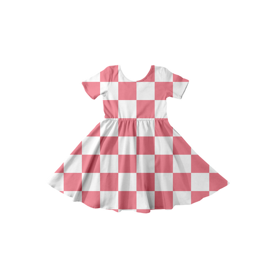 pink checkered short sleeve twirl dress WITH biker shorts