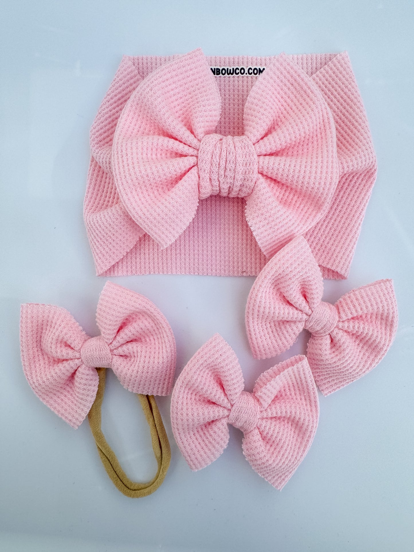 pink waffle knit bows