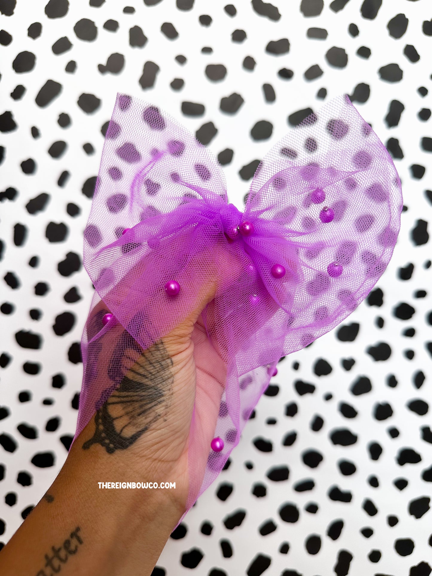 purple mesh pearl bows
