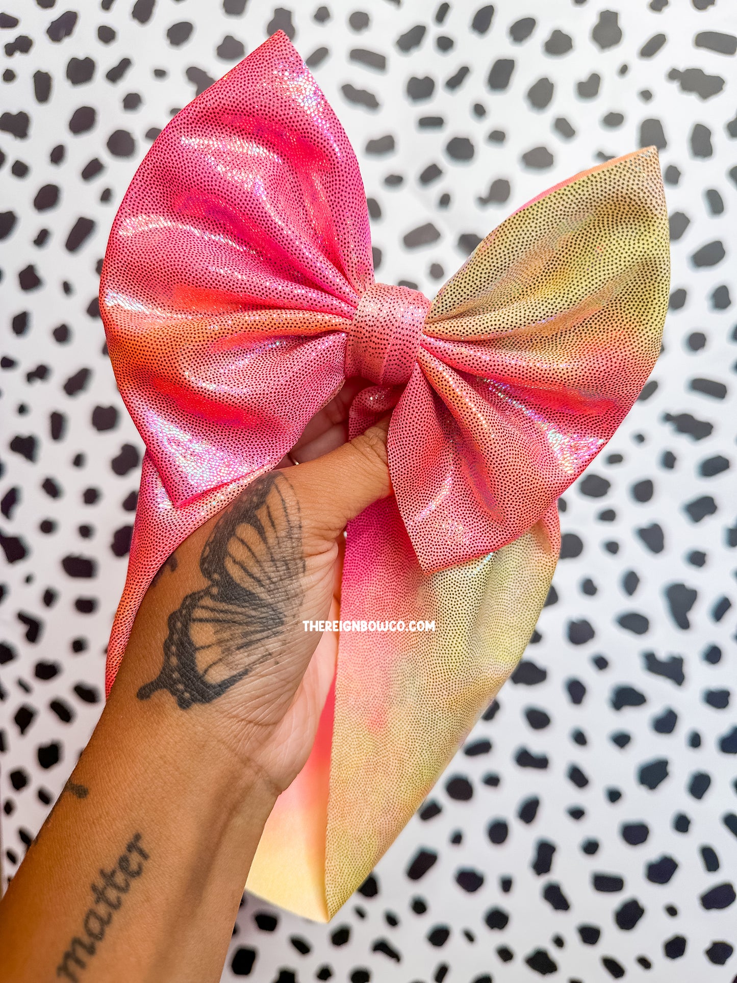 pink/yellow holographic bows